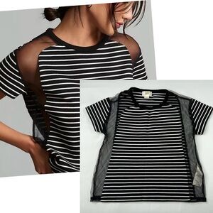 Maeve x Anthropologie Tulle Inlay Tee Striped Mesh Top Black White XS Edgy 186